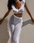 White ruffle-trim sheer lace bralette and mesh pants set with choker on model