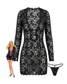 Black floral lace long-sleeve cutout mini dress and matching thong, back view