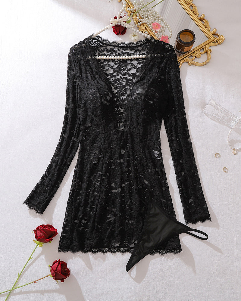 Black floral lace long-sleeve cutout mini dress with scalloped hem and matching thong