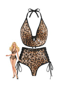 Leopard sequin halter bikini top with lace-up high-waist bottoms, bow tie