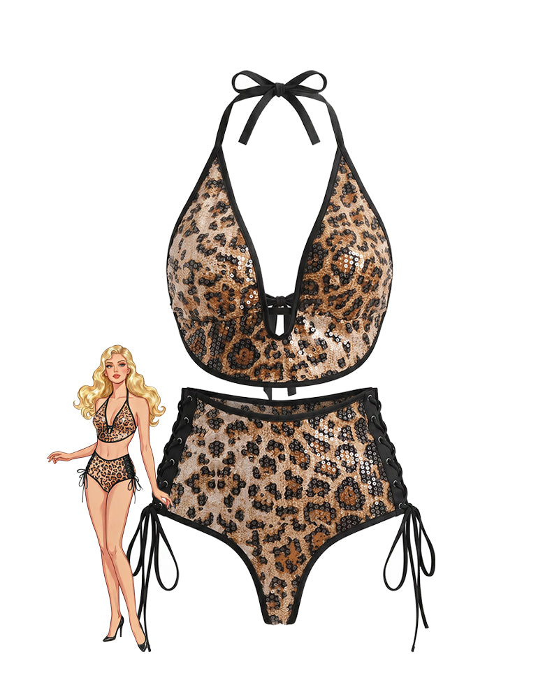 Leopard sequin halter bikini top with lace-up high-waist bottoms, bow tie