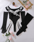 Black off-shoulder lace maid bodysuit with sheer gloves and garter stockings, laid flat
