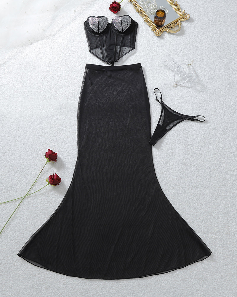 Black sheer mermaid skirt set with matching corset top, heart rhinestone cups, thong