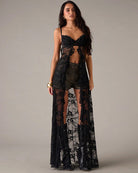 Black lace corset maxi dress with sweetheart bust and long sheer lace skirt overlay