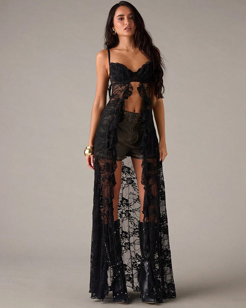 Black lace corset maxi dress with sweetheart bust and long sheer lace skirt overlay