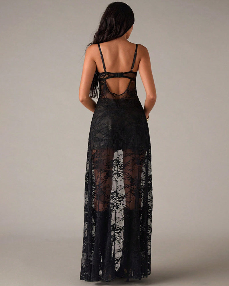 Black lace corset maxi dress with open back and long sheer lace skirt overlay