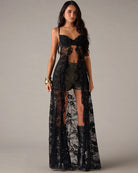 Black lace corset maxi dress with sweetheart neckline and sheer long overlay