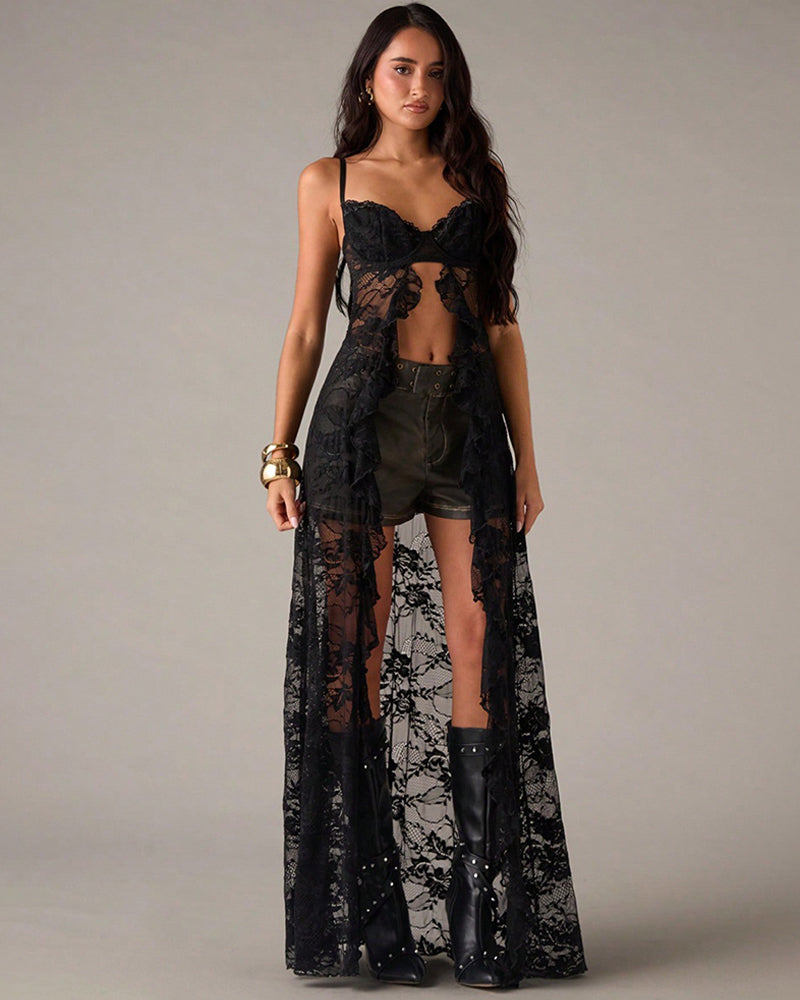 Black lace corset maxi dress with sweetheart neckline and sheer long overlay