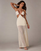 Beige sequin halter maxi dress with open knit crochet, cutout V-bodice