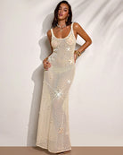 Beige sequin crochet maxi dress with spaghetti straps and star details, sheer knit