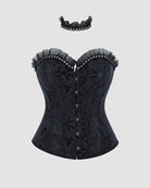 Black strapless corset top with lace-up front, jeweled button details, ruffled choker collar