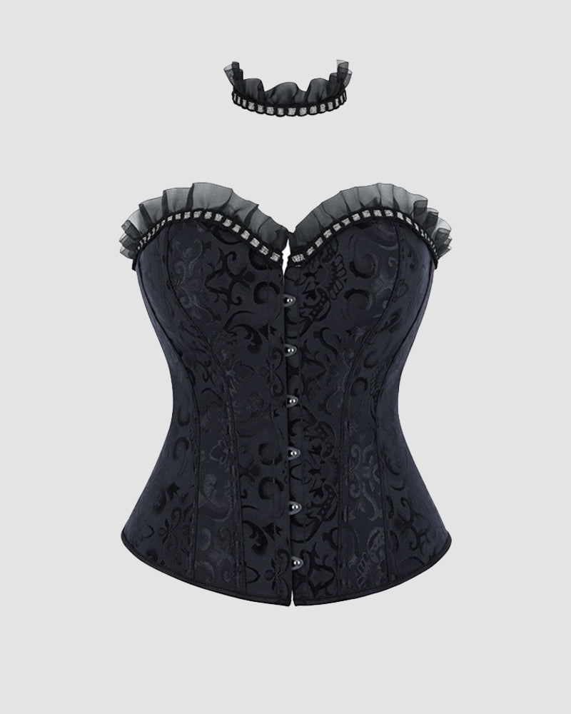 Black strapless corset top with lace-up front, jeweled button details, ruffled choker collar