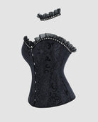 Black strapless corset top with side lace-up closure and ruffled choker collar trim