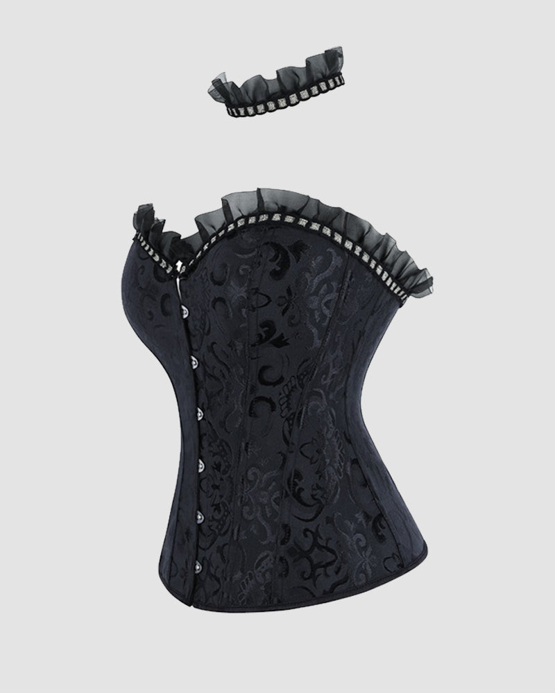Black strapless corset top with side lace-up closure and ruffled choker collar trim