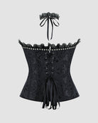 Black strapless corset top with lace-up front, ruffled neckline, bow tie choker