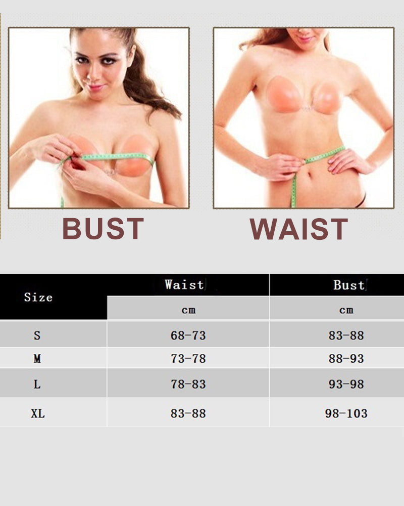 Corset top size chart showing bust and waist measurements in cm (S–XL)