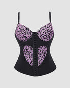 Black and purple leopard print heart cutout corset top with spaghetti straps