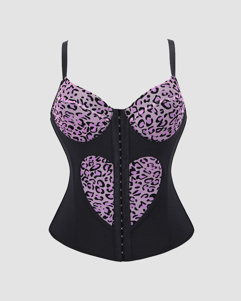 Black and purple leopard print heart cutout corset top with spaghetti straps