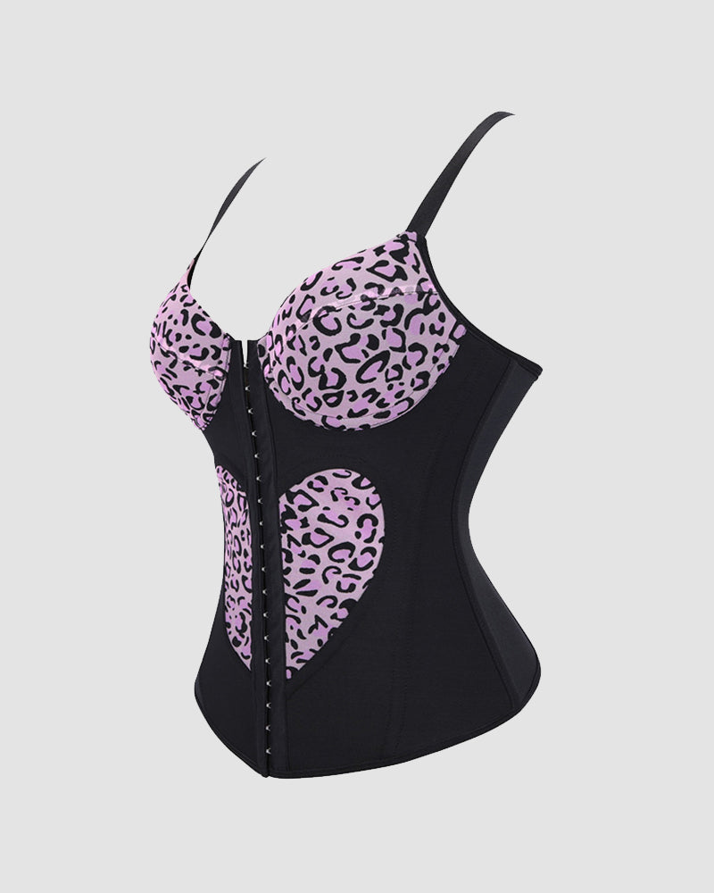 Leopard print heart cutout corset bustier with black base and spaghetti straps