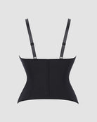 Black corset top with vertical seam and two adjustable spaghetti straps