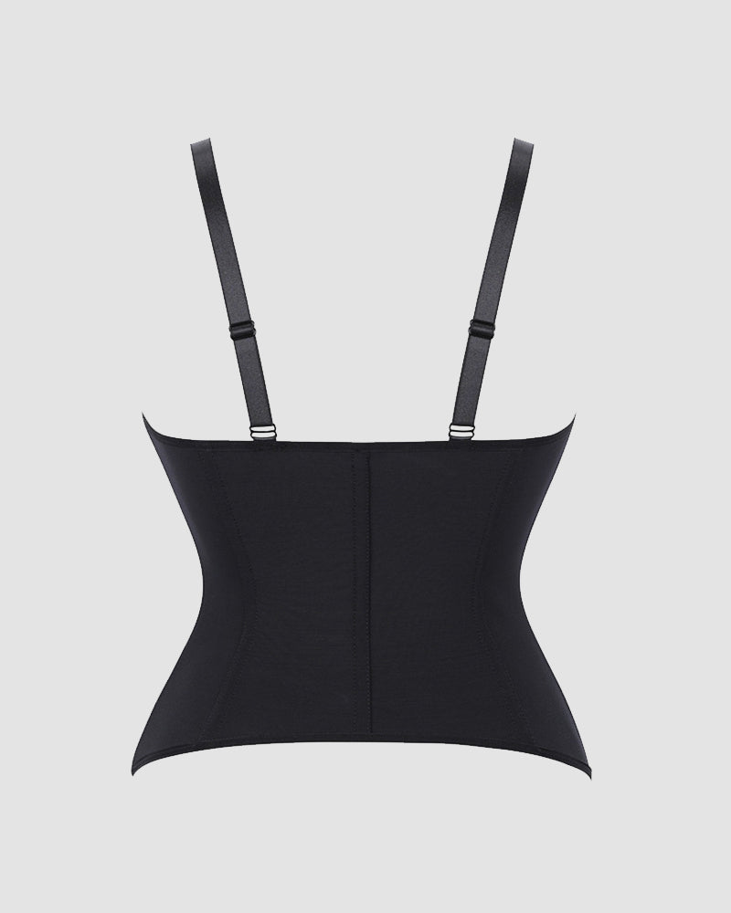 Black corset top with vertical seam and two adjustable spaghetti straps