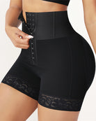 Black high-waisted waist trainer shorts with front hook-and-eye closure
