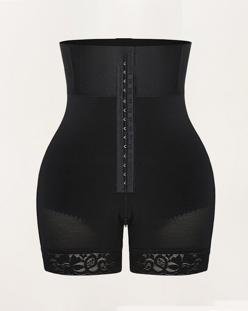 Black high-waisted shapewear shorts with front hook panel and lace leg hems