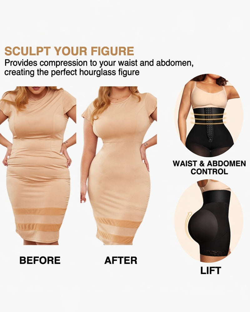 High-waisted waist-shaping shorts with lace trim and hook panel, before/after