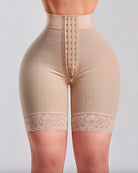 Skin-toned high-waisted butt-lifting shaping shorts with lace hem and front zipper
