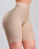 Skin-toned high-waisted waist trainer shorts with side seam and lace trim