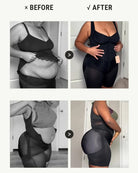 Black front-zip shapewear bodysuit shown in two views, smoothing waist and hips