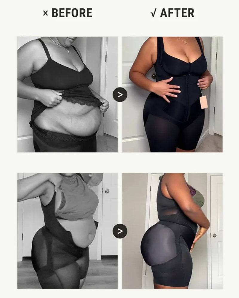 Black front-zip shapewear bodysuit shown in two views, smoothing waist and hips