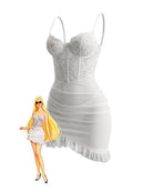White lace corset babydoll mini dress with ruffled hem and adjustable straps