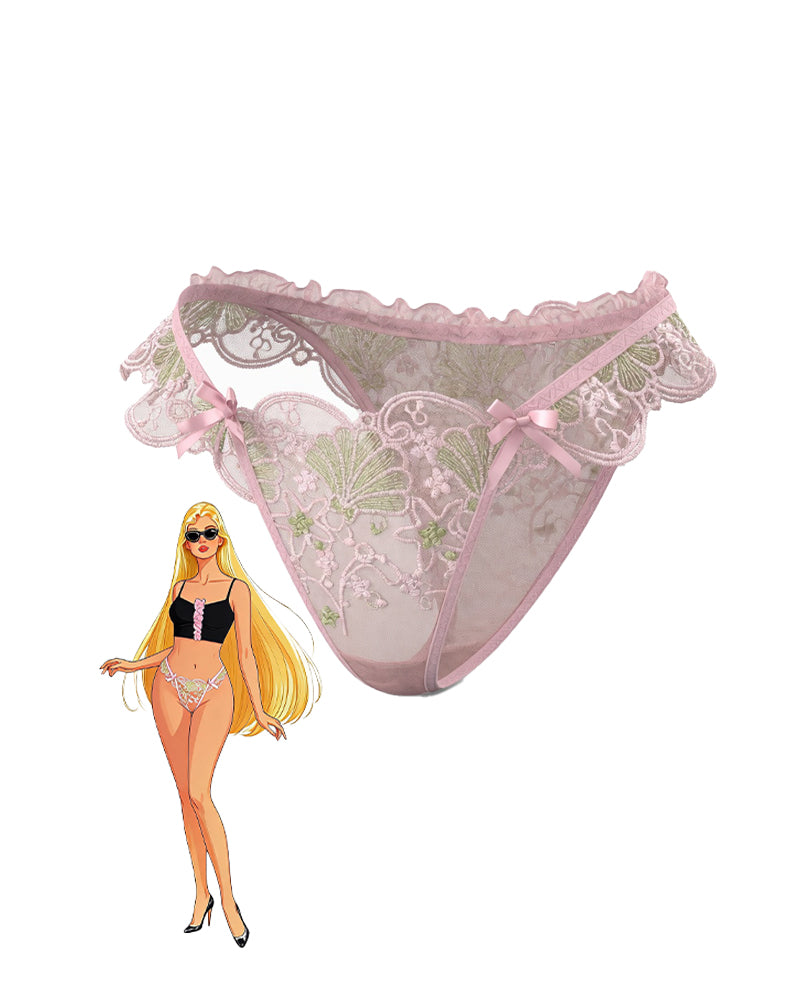 Pink floral lace ruffle cheeky panties with bow accents