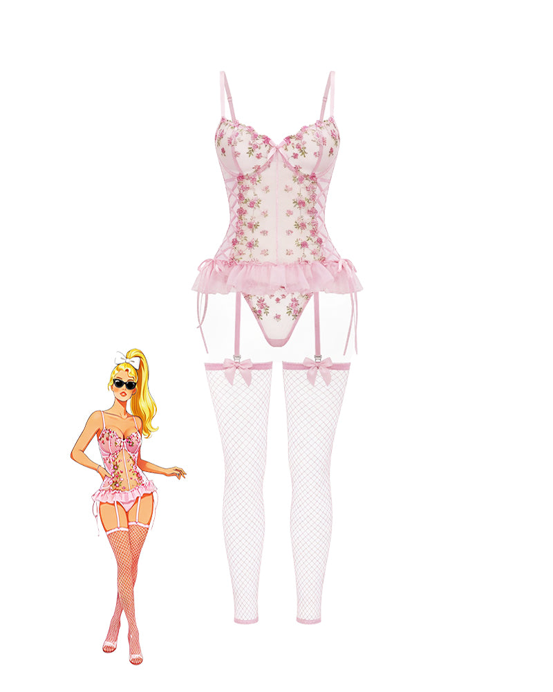 Pink floral lace corset top with tulle ruffle hem, bow garters, and mesh stockings