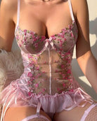 Pink floral embroidered corset top with underwire cups and tulle ruffle trim