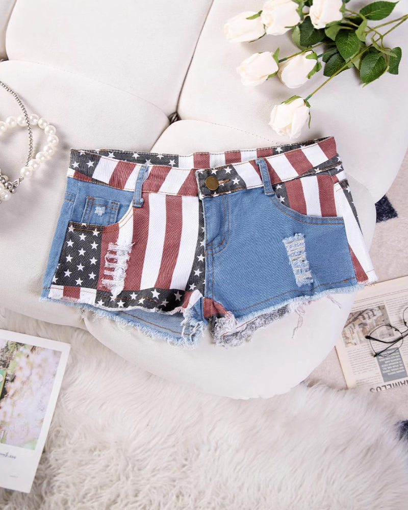 High-waisted distressed denim shorts, American flag patchwork with front pocket detail