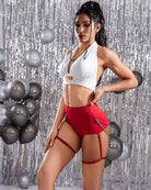 High-waisted ruched shorts, red with silver chain accents and thigh garter straps