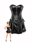 Black faux leather strapless corset top with front zipper and flared pleated mini skirt