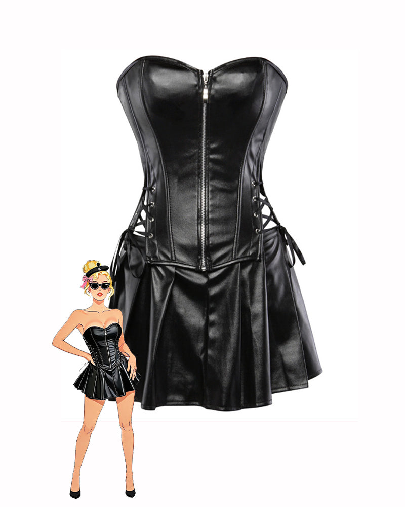 Black faux leather strapless corset top with front zipper and flared pleated mini skirt
