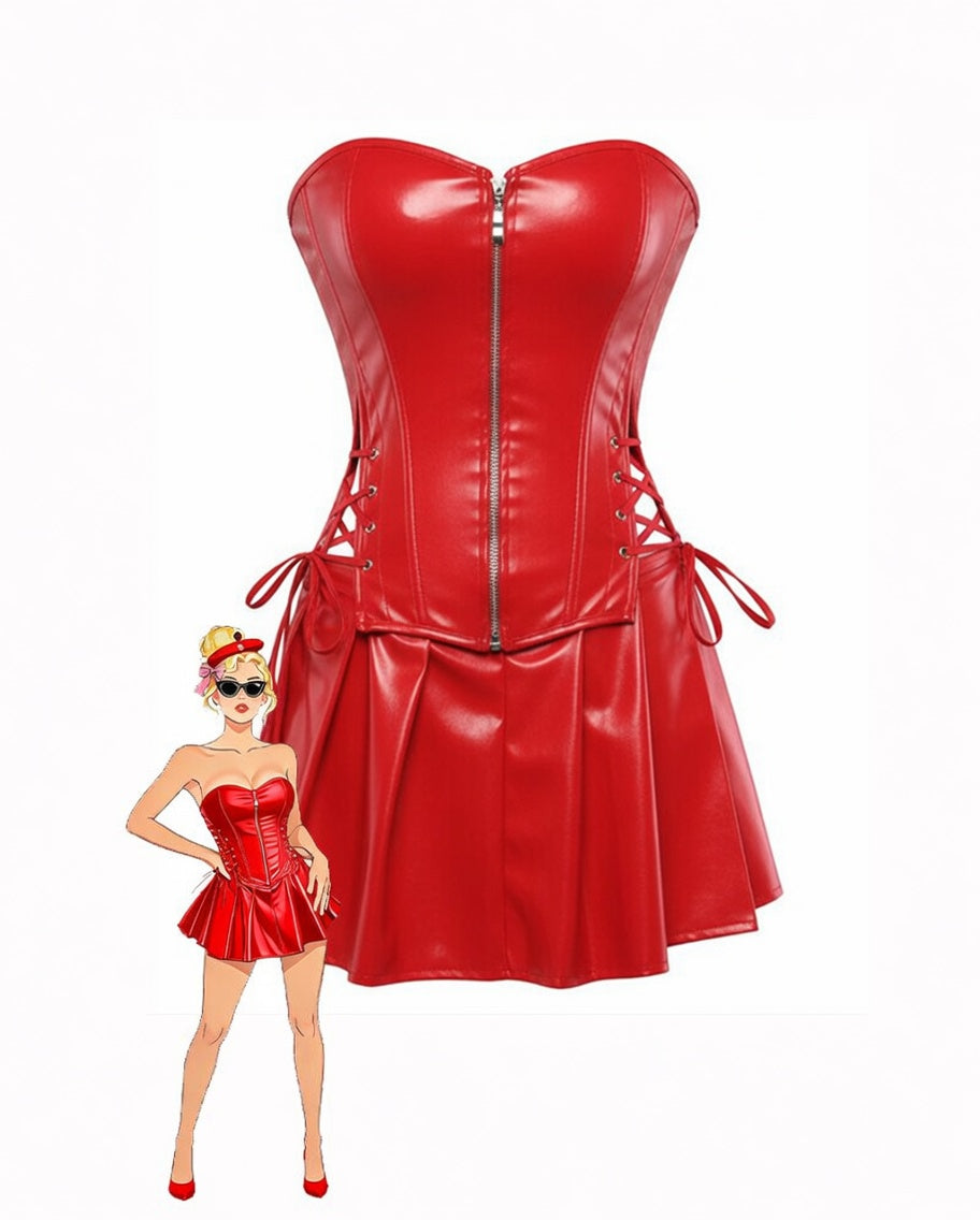 Red strapless faux leather corset top with zip front, lace-up sides, pleated mini skirt