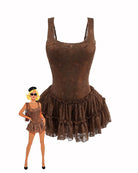 Brown lace bodysuit with wide scoop neck and layered ruffled tutu hem