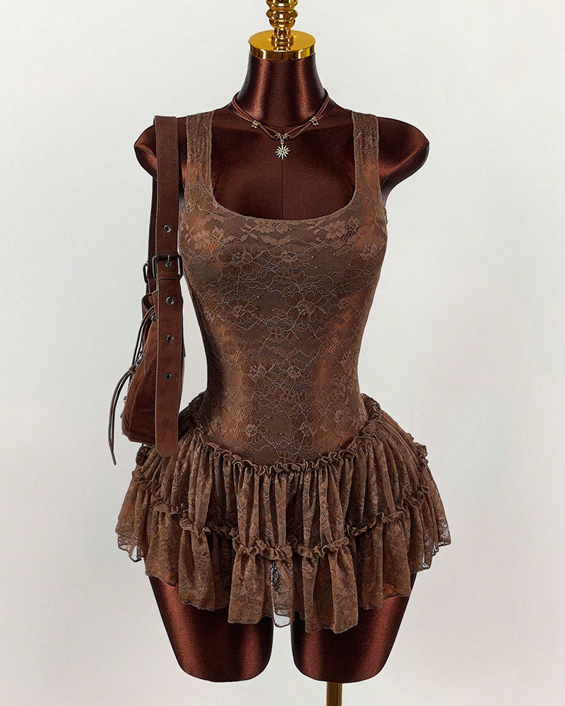 Brown lace sleeveless bodysuit with ruffled tutu skirt hem