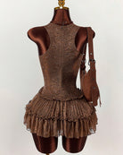 Brown lace bodysuit back view with tiered ruffled tutu mini skirt