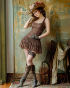 Brown lace sleeveless bodysuit with ruffled mini tutu skirt