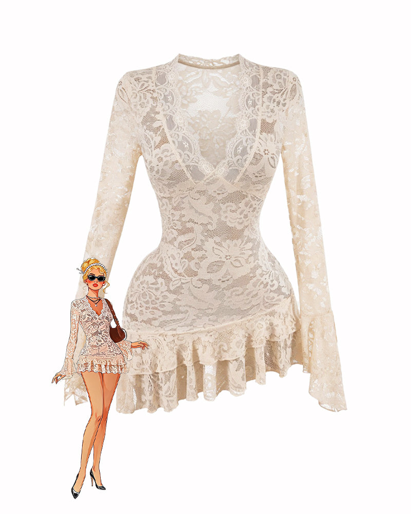 Cream lace long-sleeve mini dress with floral pattern and tiered ruffled hem