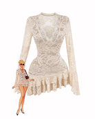 Cream floral lace long-sleeve mini dress with scalloped neckline and ruffled hem