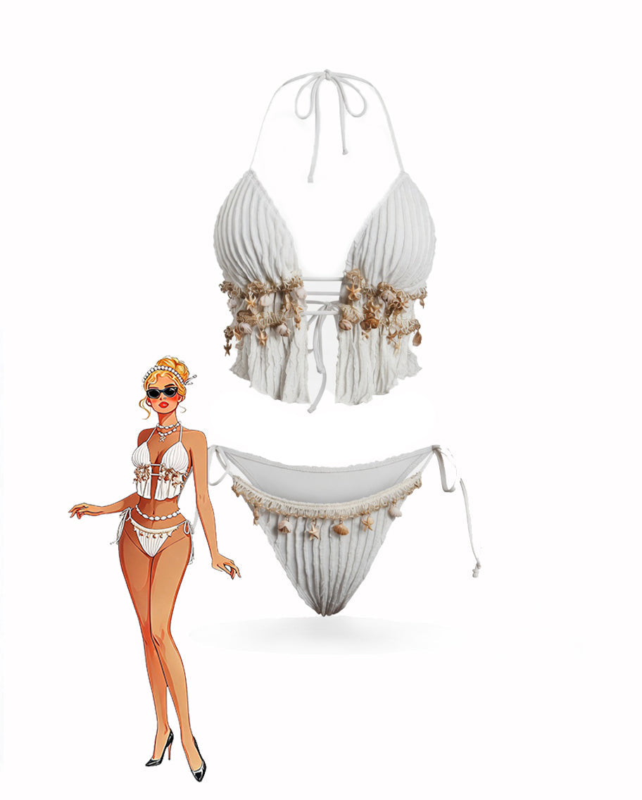 White pleated halter bikini top and matching briefs with starfish shell trim