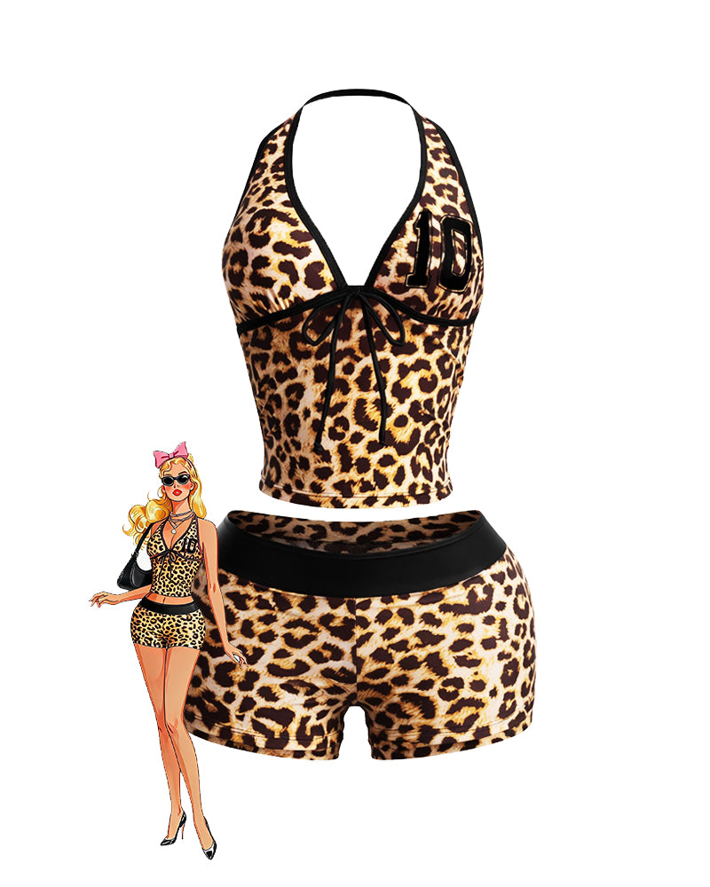 Leopard print halter crop top and high-waisted shorts set with black trim