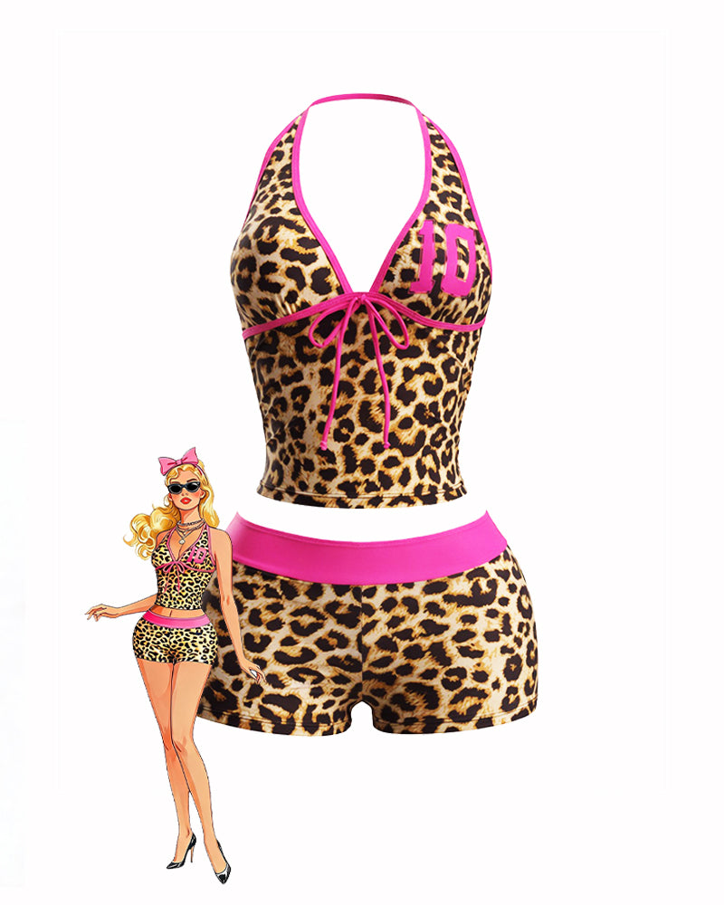 Leopard print halter crop top and high-waisted shorts set with pink trim waistband